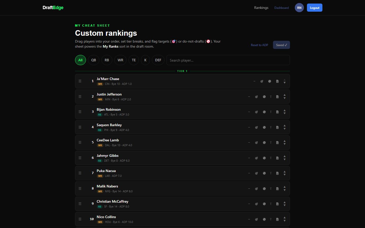 DraftEdge custom cheat-sheet builder — drag-to-rank players with tier breaks and target flags.