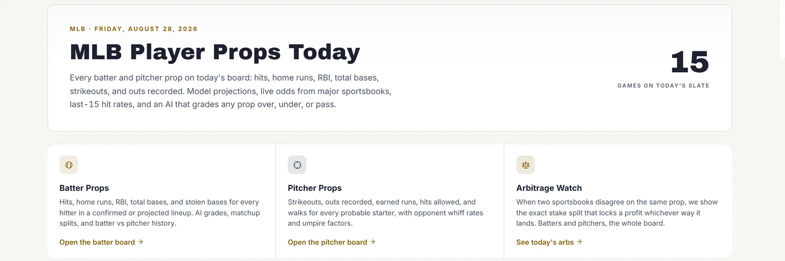 DraftEdge MLB player props page: batter props, pitcher props, and Arbitrage Watch panels, with model projections, live sportsbook odds, and an AI that grades any prop over, under, or pass.