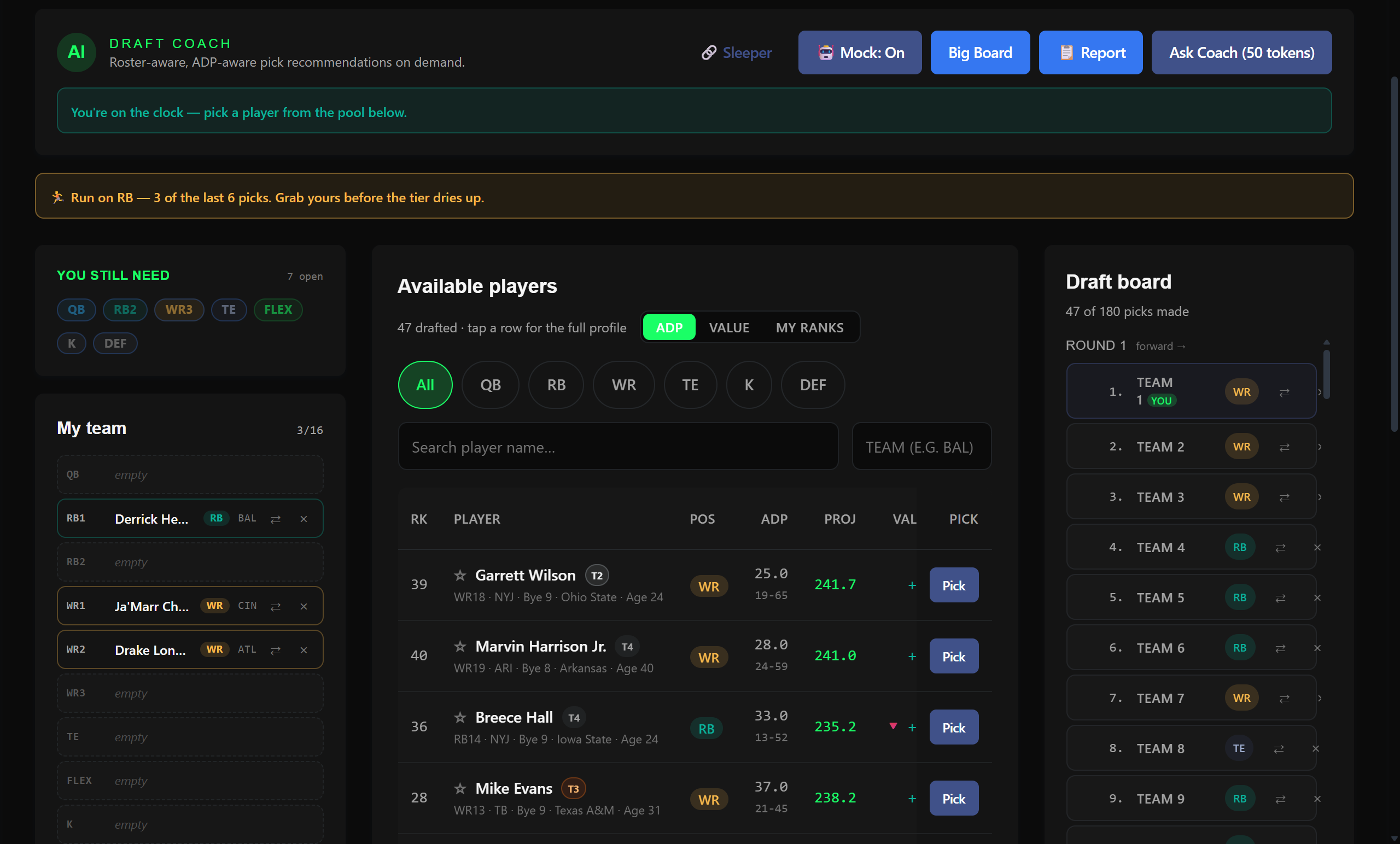 DraftEdge live draft room mid-draft — the AI Draft Coach flags a run on RB, with roster needs, your team, and a value-ranked player pool.